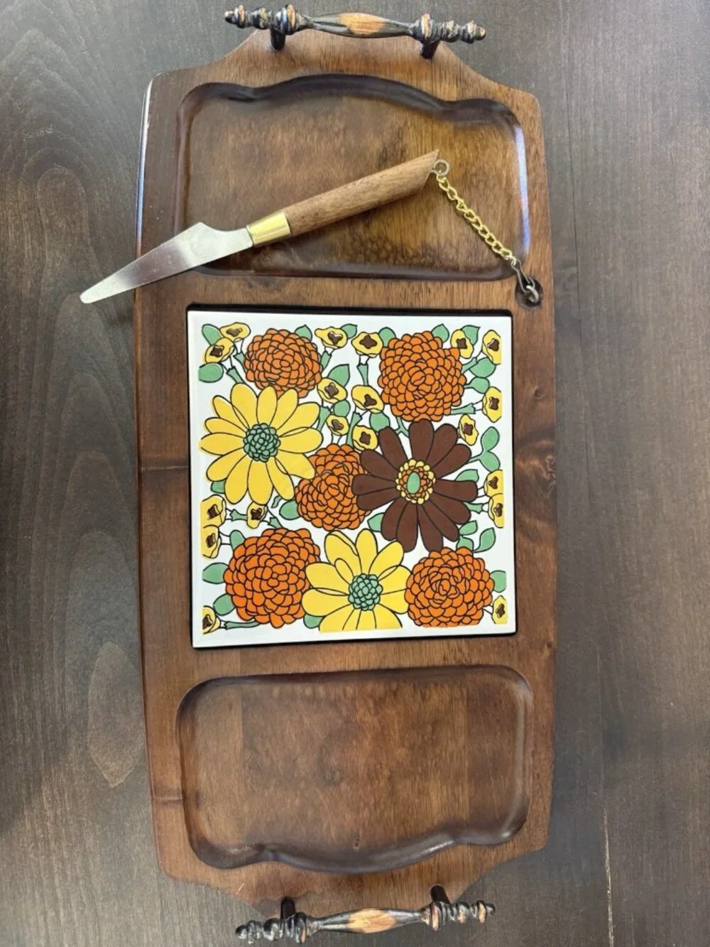 Vintage Gail Craft Wooden Cheese Board  Floral Center Trivet and Knife 1970's